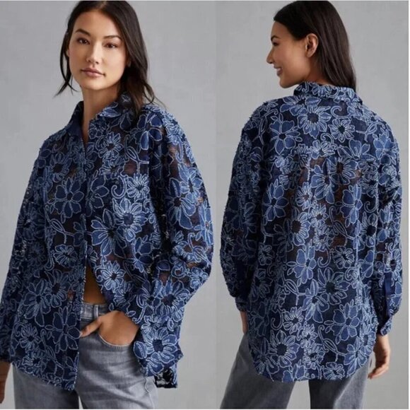 Anthropologie Pilcro Blue Floral Sheer Lace Blouse Button Down, Medium - Picture 1 of 14